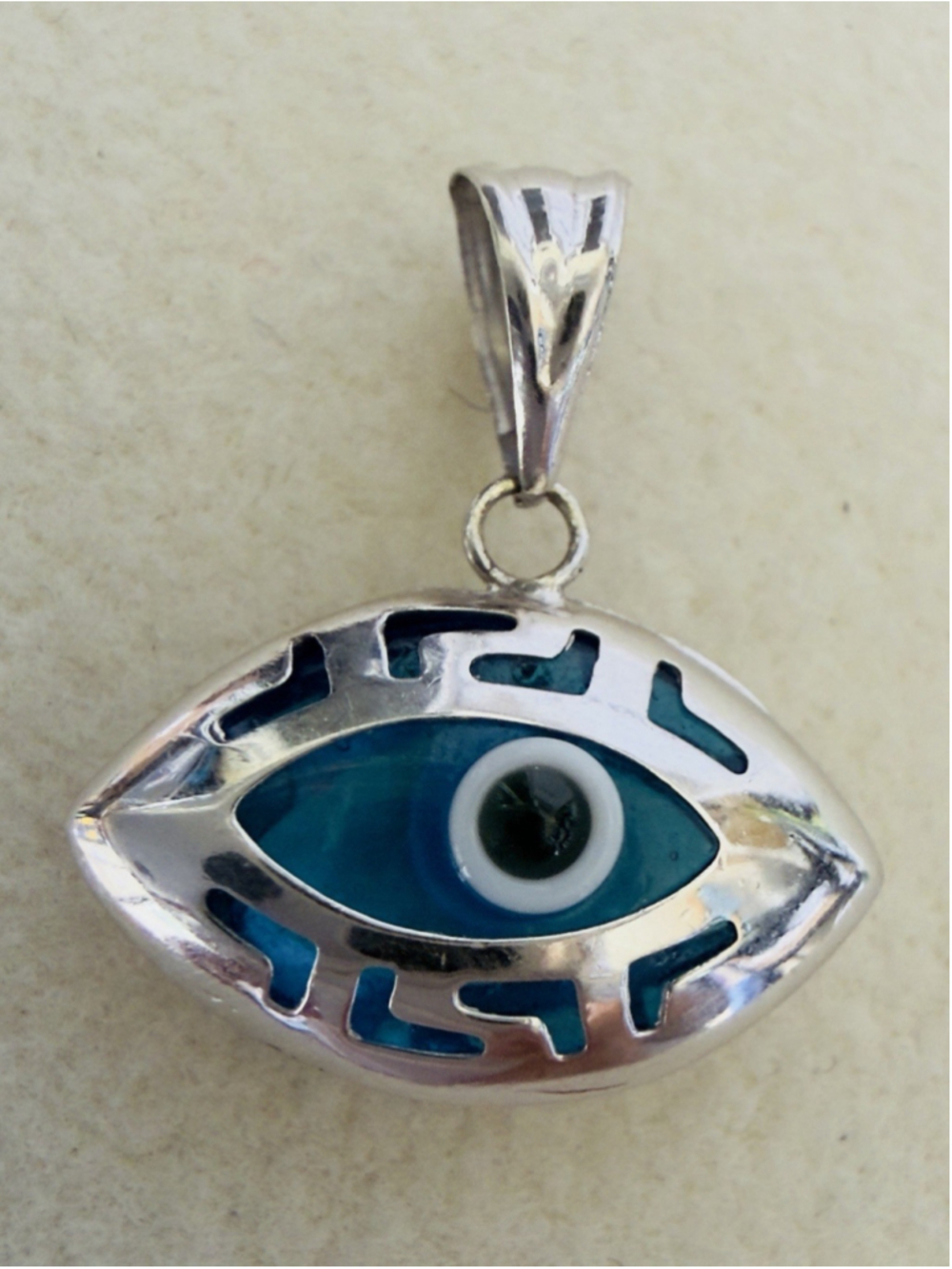 14k Solid White Gold Teal Blue Evil Eye Pendant Charm